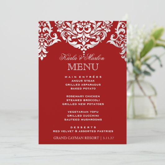 311 Mon Cherie Damask Red & Faux Silver Menu (Staand voorkant)