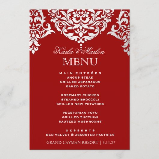 311 Mon Cherie Damask Red & Faux Silver Menu (Voorkant)