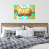 311 Overvloedige Gouden Damask Shimmer Turquoise Canvas Afdruk (Insitu (Slaapkamer))