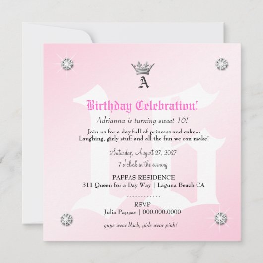 311-roze diamantuitnodiging kaart (Achterkant)