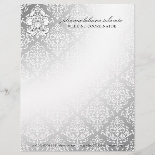 311-Silver Diamond Luxe Damask Letterhead Persoonlijk Briefhoofd (Voorkant)
