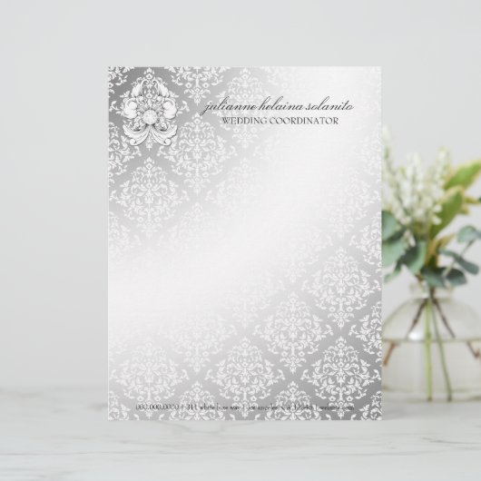 311-Silver Diamond Luxe Damask Letterhead Persoonlijk Briefhoofd (Staand voorkant)