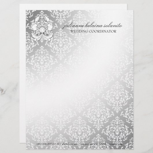 311-Silver Diamond Luxe Damask Letterhead Persoonlijk Briefhoofd (Voorkant / Achterkant)