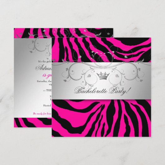 311-Silver Divine Hott Pink Zebra Bachelorette Kaart (Voorkant / Achterkant)