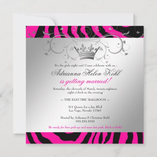 311-Silver Divine Hott Pink Zebra Bachelorette Kaart (Achterkant)