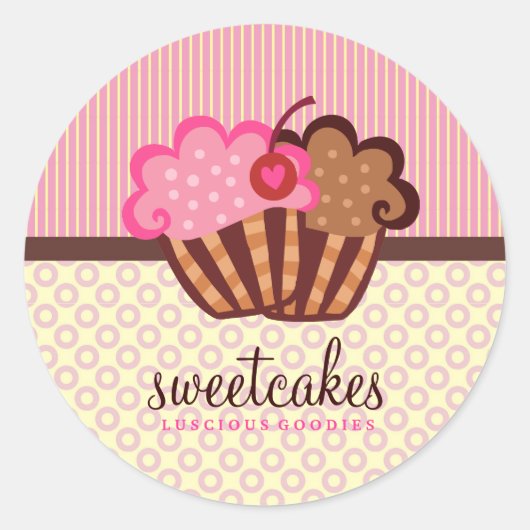 311 Sweet Cakes Cupcake Stippen n Strepen Ronde Sticker (Voorkant)