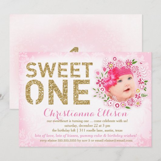 311 Sweet One First Birthday Bloemenkrans Foto Kaart (Voorkant / Achterkant)