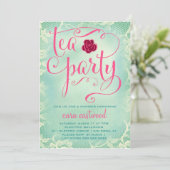 311 Tea Party  Blauwgroen roze kant Kaart (Staand voorkant)