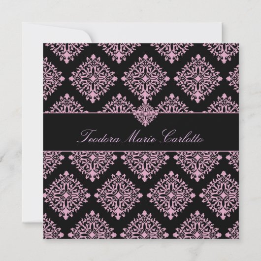 311 Teodora Pink et Black Damask Invitation Kaart (Voorkant)