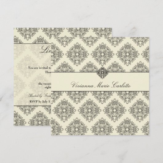 311-Vivianna Cream & Black Damask Invitation Kaart (Voorkant / Achterkant)