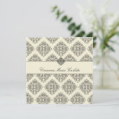 311-Vivianna Cream & Black Damask Invitation Kaart (Staand voorkant)