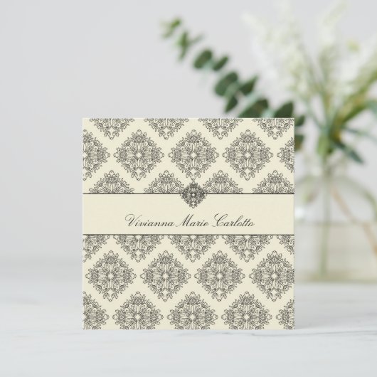 311-Vivianna Cream & Black Damask Invitation Kaart (Staand voorkant)