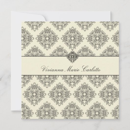 311-Vivianna Cream & Black Damask Invitation Kaart (Voorkant)