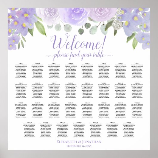 31 Table Lavender Boho Roses Wedding Seating Chart Poster (Voorkant)