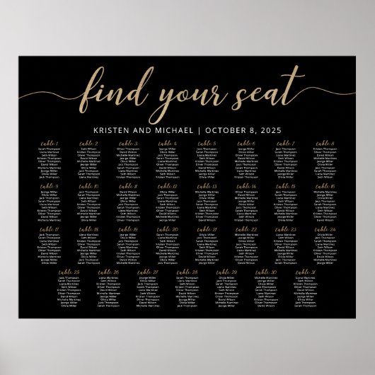 31 Tafels Vind uw Seat Black Zitkaarten Plan Poster (Voorkant)