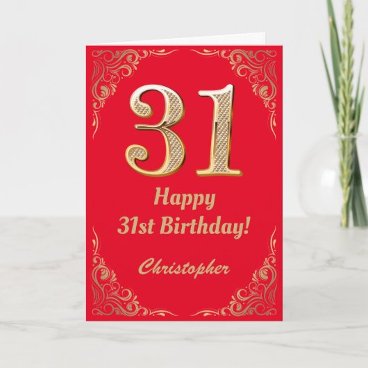 31e Birthday Red en Gold Glitter Lijst Kaart (Voorkant)