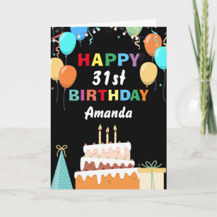 31e Happy Birthday Colorful Balloons Cake Black Kaart