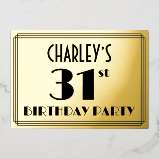 31e verjaardag — Art Deco look "31" + Naam Folie Uitnodiging (Voorkant)