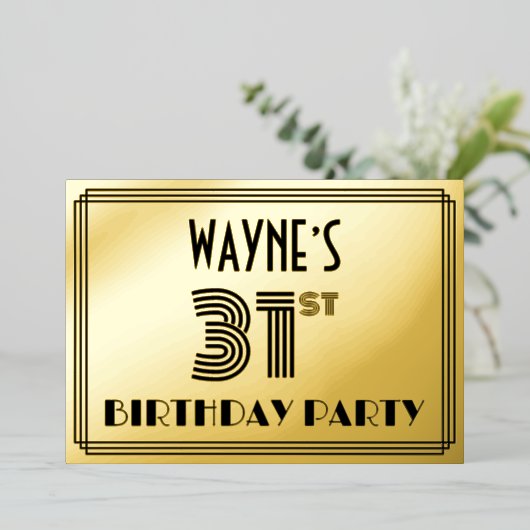 31e verjaardag — Art Deco Style "31" en naam Folie Uitnodiging (Staand Voorkant)