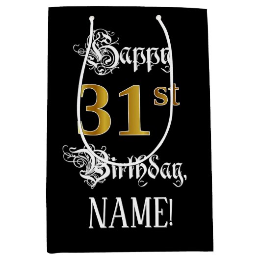 31e verjaardag ~ Fancy script; Faux Gold look; naa Medium Cadeauzakje (Voorkant)