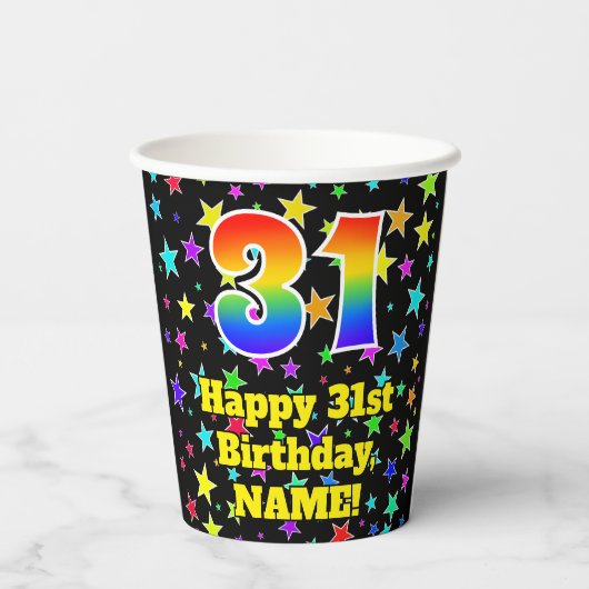 31e verjaardag: Fun Stars Pattern en Rainbow 31 Papieren Bekers (Achterkant)