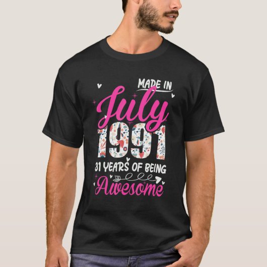 31e verjaardag Geweldige sinds juli 1991 Floral T-shirt (Voorkant)