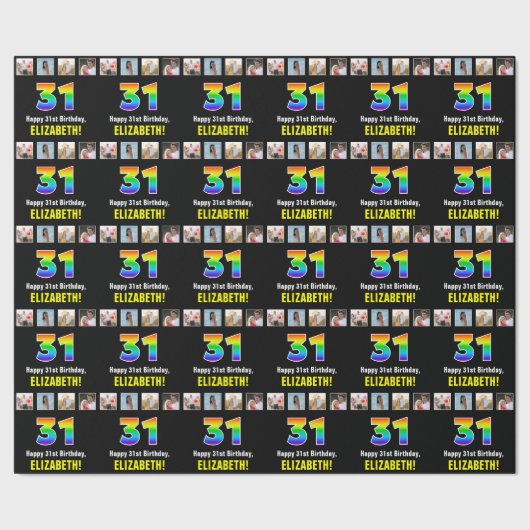 31e verjaardag: Regenboog "31"; Aangepaste foto's  Cadeaupapier (Zoom)