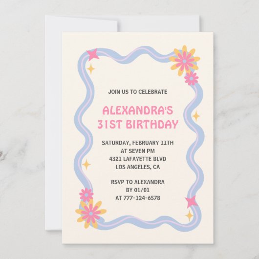 31e verjaardag uitnodiging Retro Groovy Pink Flowe (Voorkant)