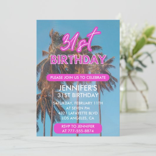 31e verjaardag uitnodiging Zomer Roze Palm boom (Staand voorkant)