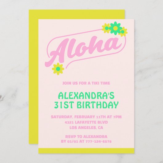 31e verjaardag uitnodigingen Tropical Aloha Pink (Voorkant / Achterkant)