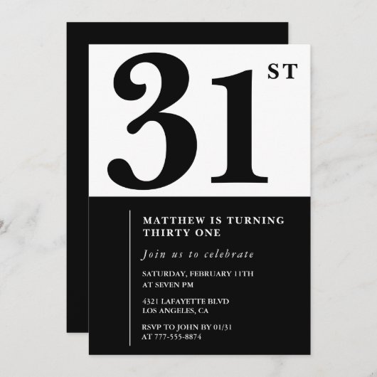 31e verjaardag uitnodigingen Zwart en Wit Elegant (Voorkant / Achterkant)