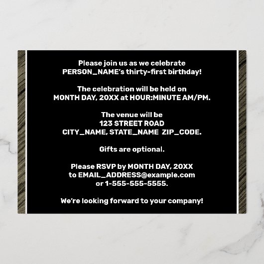 31e verjaardag van de partij van Birthday - Vette, Folie Uitnodiging (Achterkant)