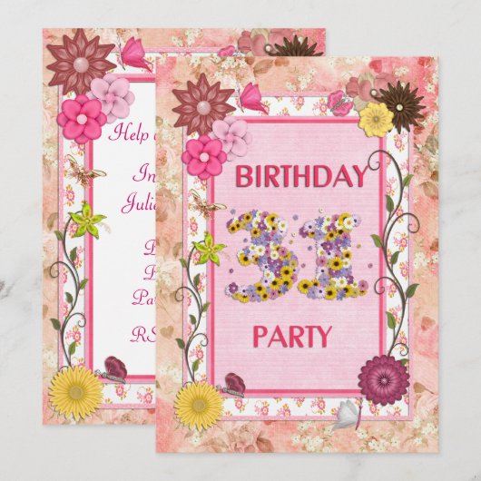 31e verjaardagsfeestuitnodiging met bloemenlijst kaart (Voorkant / Achterkant)