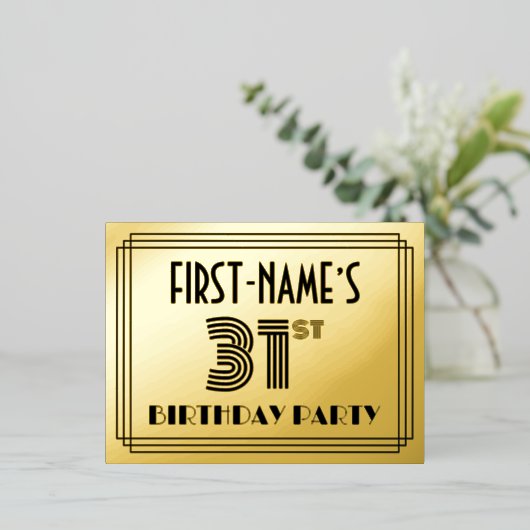 31st Birthday Party ~ Art Deco Style “31” + Name Folie Uitnodiging Briefkaart (Staand Voorkant)