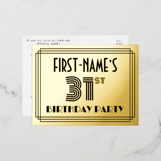 31st Birthday Party ~ Art Deco Style “31” + Name Folie Uitnodiging Briefkaart (Voorkant / Achterkant)