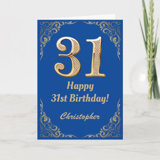 31ste Birthday Blue en Gold Glitter Lijst Kaart (Voorkant)