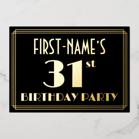 31ste verjaardag: Art Deco Kijk "31", met naam Folie Uitnodiging (Voorkant)