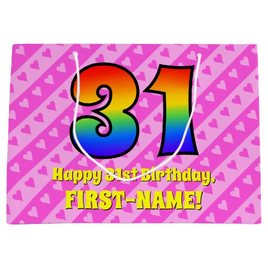 31ste verjaardag: roze strips & harten, regenboogn groot cadeauzakje (Voorkant)