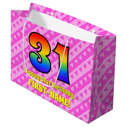 31ste verjaardag: roze strips & harten, regenboogn groot cadeauzakje (Voorkant Gekanteld)