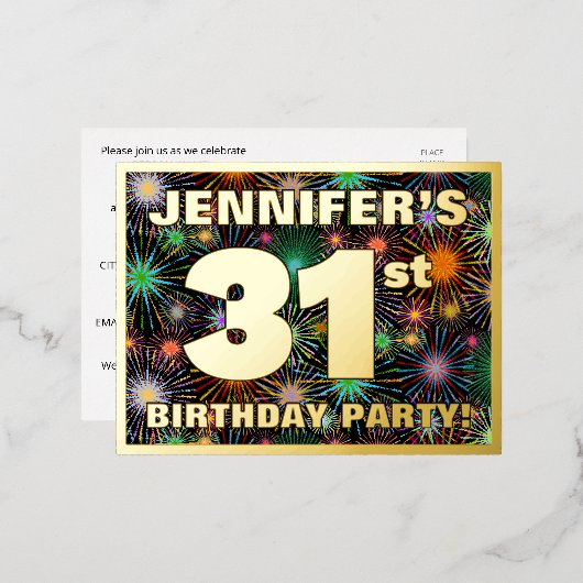31ste verjaardag: Vette, kleurrijke Fireworks-look Folie Uitnodiging Briefkaart (Voorkant / Achterkant)