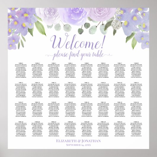 32 Tabel Licht Paars Floral Wedding Seating Chart Poster (Voorkant)