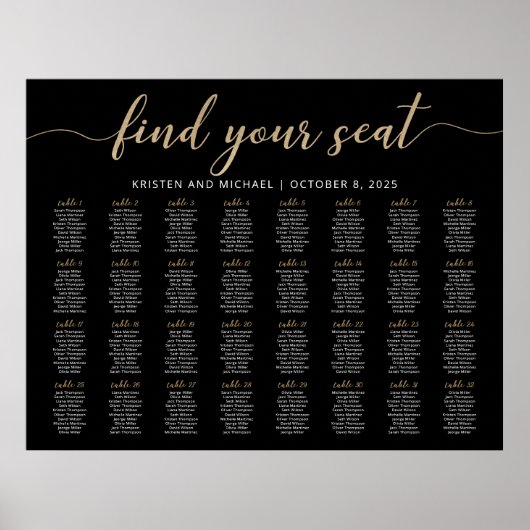 32 Tafels Vind uw Seat Black Zitkaarten Plan Poster (Voorkant)