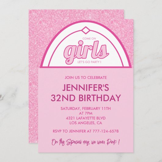 32 verjaardag uitnodiging Glamour Meisje Roze (Voorkant / Achterkant)