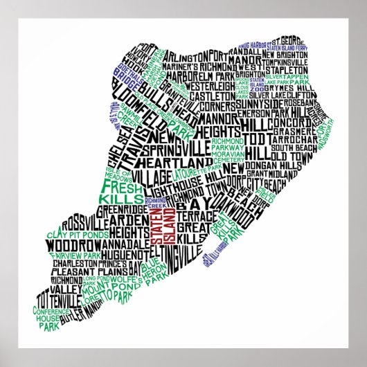 32 x 32 inch Staten Island Calligram Map Poster Pr (Voorkant)