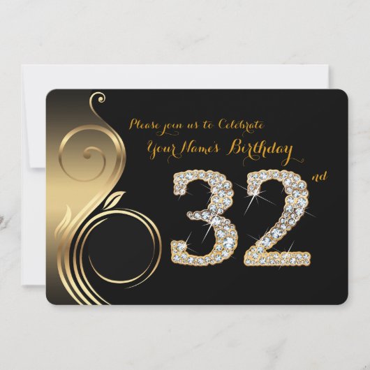 32e, Birthday Invitation, Number Diamond,Foto Kaart (Voorkant)