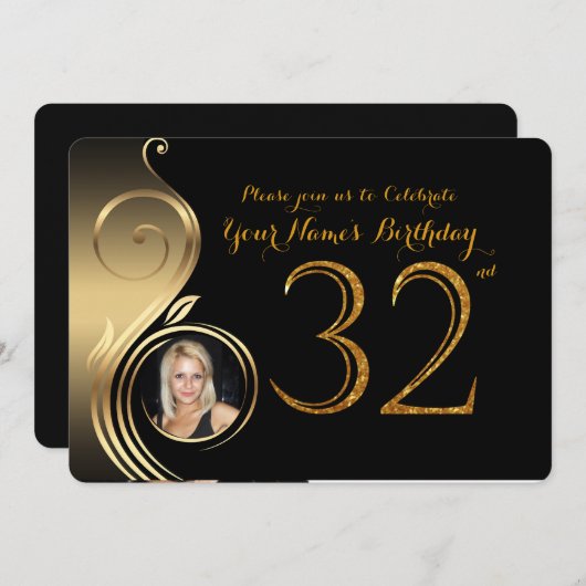 32e, Birthday Uitnodiging, Aantal Glitter Gold, Fo Kaart (Voorkant / Achterkant)
