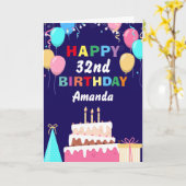 32e Happy Birthday ballons Cake Navy Blue Kaart (Gele Bloem)