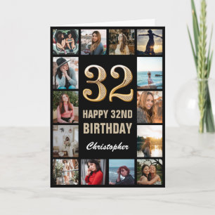 32e Happy Birthday Black en Gold Photo Collage Kaart