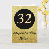 32e Happy Birthday Zwart en Goud Glitter Kaart (Gele Bloem)