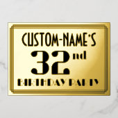 32e verjaardag: Art Deco Kijk "32" en naam Folie Uitnodiging (Voorkant)